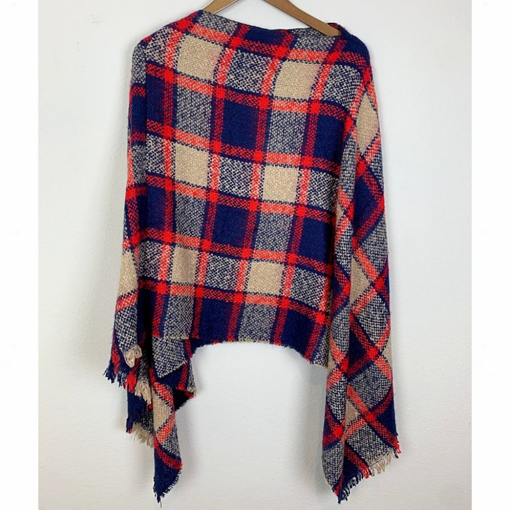 Navy Chic Plaid Fringed Blanket Poncho Sweater - Picture 6 of 8
